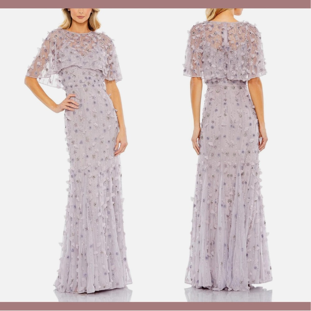 NWT $698 Mac Duggal [ 14 ] Embellished Cape Sleeve‎ Trumpet Gown in Lilac Purple